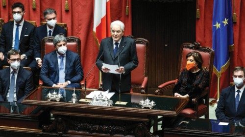 The President of the Republic Sergio Mattarella (C), flanked by the President of the Chamber of ...