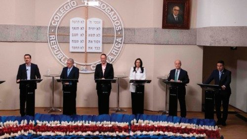 Costa Rica's presidential candidates (L to R) Jose Maria Villalta of the Broad Front, Rolando Araya ...