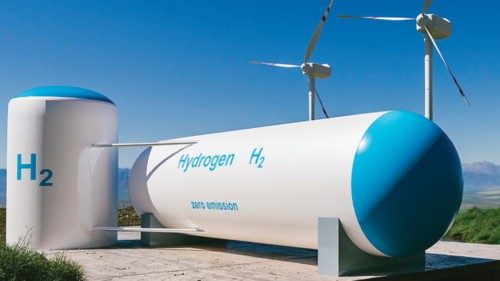 Hydrogen renewable energy production - hydrogen gas for clean electricity solar and windturbine ...