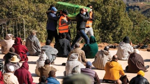 TOPSHOT - Moroccans carry the body of five-year-old Rayan Oram during his funeral in the village of ...