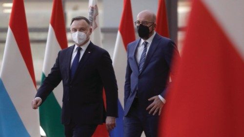 epa09735494 Poland President Andrzej Duda (L) is welcomed by European Council President Charles ... epa09735494 Poland President Andrzej Duda (L) is welcomed by European Council President Charles ...