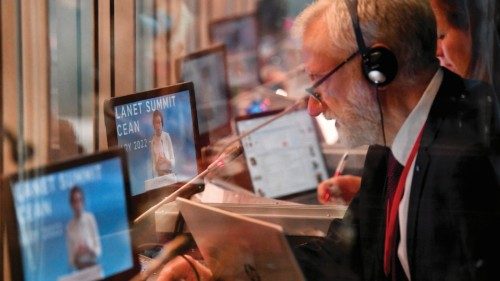 Translators work during during The One Ocean Summit in Brest, western France, on February 10, 2022. ...
