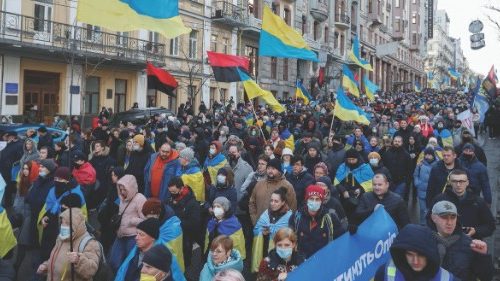 People take part in the Unity March, which is a procession to demonstrate Ukrainians' patriotic ...