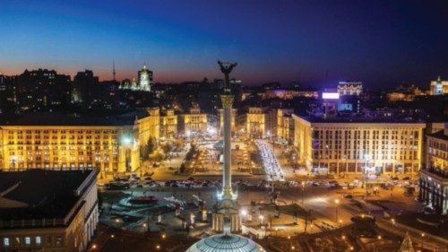 The Independence Monument is seen during the sunset in Kyiv, Ukraine, February 14, 2022. ...