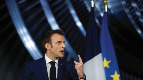 FILE PHOTO: French President Emmanuel Macron delivers a speech at the main production site of GE ...