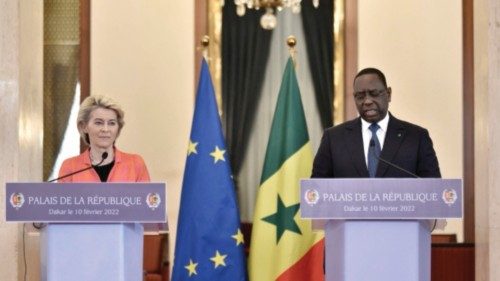 European union President Ursula von der Leyen addresses a press conference in Dakar on February 10, ...