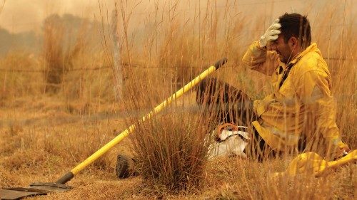 A firefighter reacts as fellow firefighters and local residents (not pictured) battle a wildfire ...