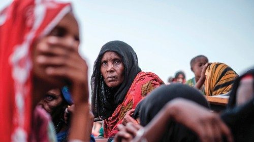 An internally displaced woman looks on in a school in the village of Afdera, 225 kms of Semera, ...