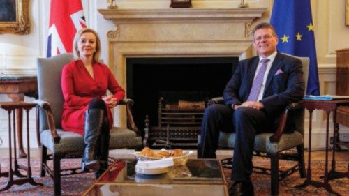 European Commission vice president Maros Sefcovic (R) and Britain's Foreign Secretary Liz Truss (L) ...