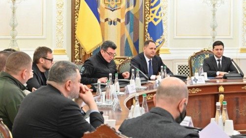 Ukrainian President Volodymyr Zelenskiy attends a session of the National Security and Defence ...