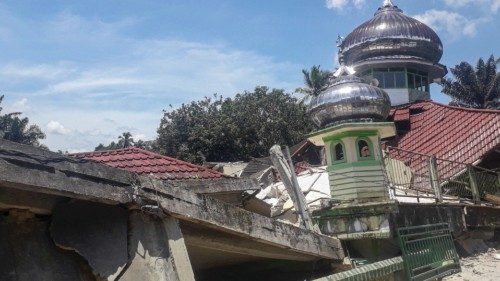 General view of the Raya Kajai mosque destroyed after an earthquake in Kecamatan Talamau on Sumatra ...