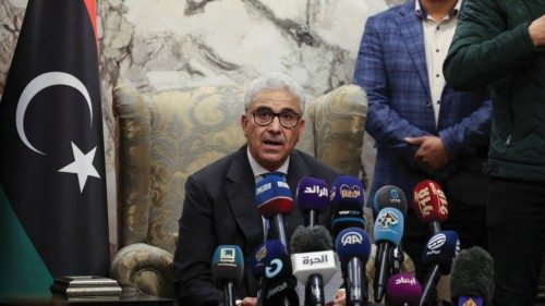 Fathi Bashagha, designated as prime minister by the parliament, delivers a speech at Mitiga ...