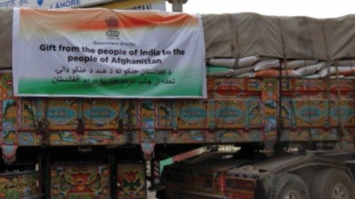 A supply truck carrying wheat to Afghanistan prepares to cross over to Pakistan at the Attari-Wagah ...