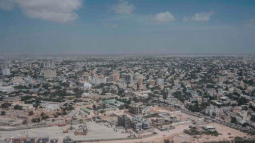 An aerial view of the city in Mogadishu, Somalia, on February 15, 2022. (Photo by YASUYOSHI CHIBA / ...