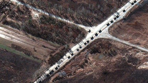 TOPSHOT - This Maxar satellite image taken and released on February 28, 2022 shows a military convoy ... TOPSHOT - This Maxar satellite image taken and released on February 28, 2022 shows a military convoy ...