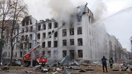 Firefighters work to extinguish a fire at the Kharkiv National University building, which city ...