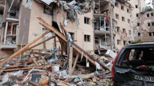 FILE PHOTO: A view shows a residential building destroyed by recent shelling, as Russia's invasion ...