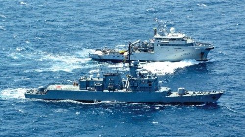 Handout photo released by the Colombian Navy of a Colombian Navy frigate and a French Navy frigate ...