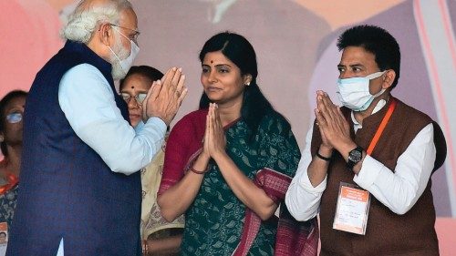 India's Prime Minister Narendra Modi gestures during an election rally ahead of Uttar Pradesh state ...