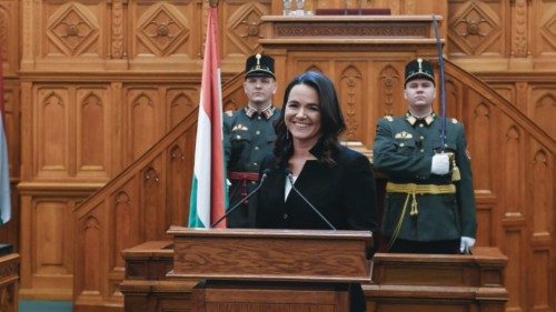 epa09814409 Newly-elected Hungarian President Katalin Novak reacts as she takes an oath during her ...