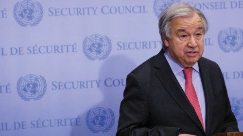 United Nations Secretary-General Antonio Guterres speaks to the media regarding Russia's invasion of ...
