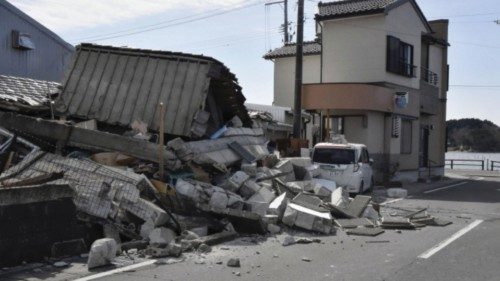 A damaged building following a strong earthquake is pictured in Soma, Fukushima prefecture, Japan in ...