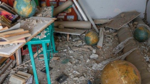 This picture shows a destroyed classroom in a school hit by Russian rockets in the southern Ukraine ...