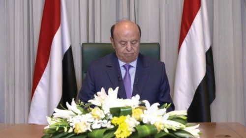 Yemen's President Abd-Rabbu Mansour Hadi delivers a speech as he delegates his own powers to a ...