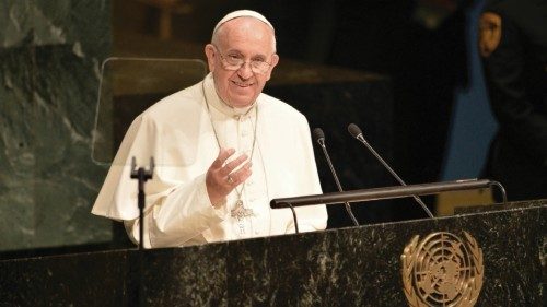 Pope Francis speaks during the 70th session of the United Nations General Assembly on September 25, ...