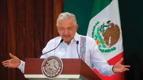 Mexican President Andres Manuel Lopez Obrador speaks during a visit to the museum at Islas Marias, ...