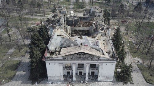 A view shows the building of a theatre destroyed in the course of Ukraine-Russia conflict in the ...