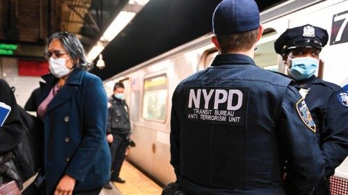 NEW YORK, NEW YORK - APRIL 12: A member of the NYPD terrorism bureau investigates an incident on an ...