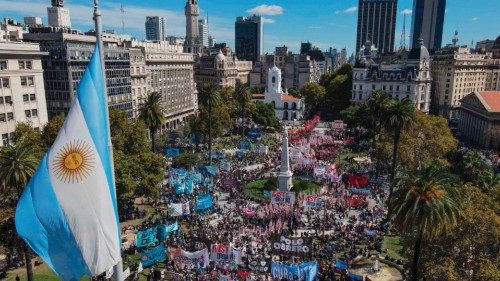 Aerial view of members of social organizations protesting in demand of more social help in Buenos ...
