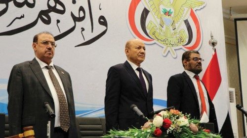 The head of Yemen's new presidential council Rashad al-Alimi stands during a session of the Yemeni ...