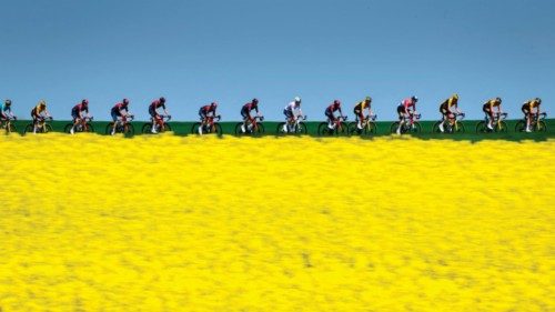 The pack rides past a rapeseed field during the third stage, from Echallens to Echallens, of the ...
