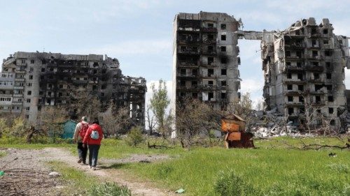 A view shows residential buildings destroyed during Ukraine-Russia conflict in the southern port ...
