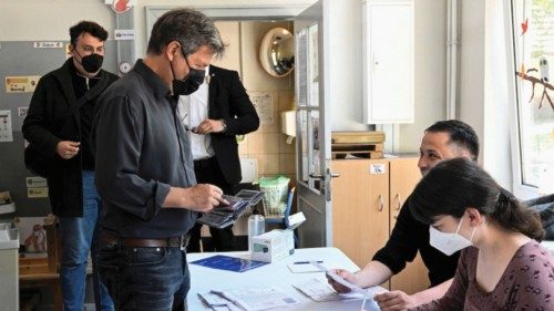 German Economy and Climate Protection Minister Robert Habeck arrives to cast his vote during ...