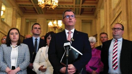 Democratic Unionist Party (DUP) leader Sir Jeffrey Donaldson speaks during a press conference, at ...