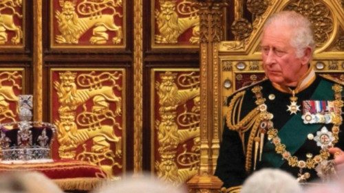 Britain's Prince Charles, Prince of Wales looks towards the Imperial State Crown as he delivers the ... Britain's Prince Charles, Prince of Wales looks towards the Imperial State Crown as he delivers the ...
