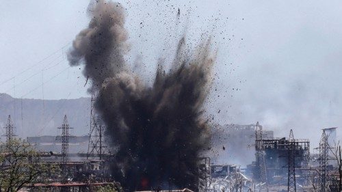 A view shows an explosion at a plant of Azovstal Iron and Steel Works during Ukraine-Russia conflict ...