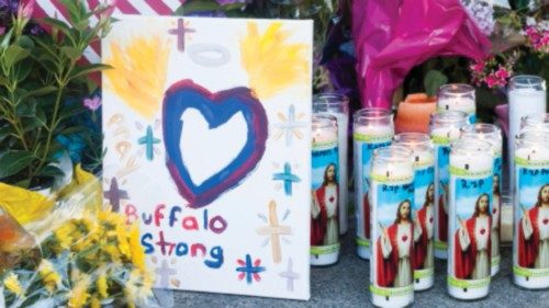 epa09950099 A memorial for victims near the scene of yesterday's shooting at a Tops Friendly Market ...