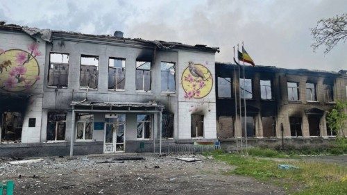 Remains of a school destroyed amid the ongoing Russian invasion of Ukraine are pictured, in ...