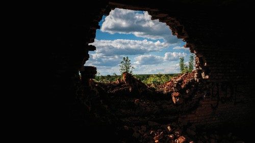 A destroyed home is pictured in the village of Biskvitne, near Kharkiv, eastern Ukraine on May 20, ...