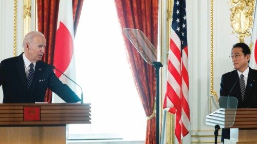 U.S. President Joe Biden speaks during a joint news conference with Japan's Prime Minister Fumio ...