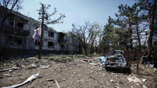 A view shows residential buildings destroyed during Russias invasion of Ukraine in the village of ...