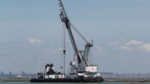 A floating crane is seen at the Port of Mariupol, during Ukraine-Russia conflict in the southern ...