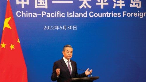 Chinese Foreign Minister Wang Yi speaks during a joint press conference with Fijian Prime Minister ...