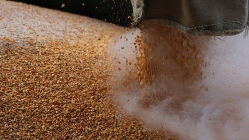 Grain is loaded on a truck at the Mlybor flour mill facility after it was shelled repeatedly, amid ...