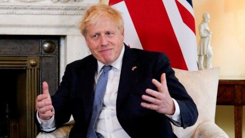 British Prime Minister Boris Johnson reacts next to the Estonian Prime Minister during their meeting ...