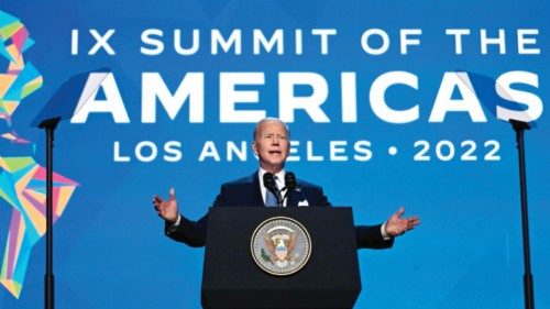 TOPSHOT - US President Joe Biden speaks during opening ceremony of the the 9th Summit of the ... TOPSHOT - US President Joe Biden speaks during opening ceremony of the the 9th Summit of the ...